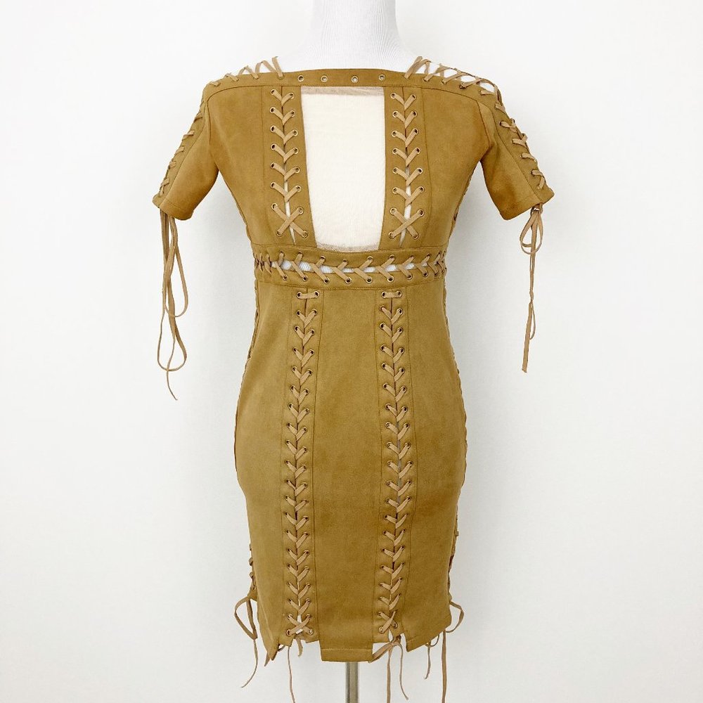 Miss Circle Suede Lace-up Dress Size M Brown Mesh Detail Short Sleeve